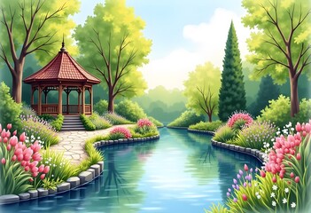 Fototapeta premium Pink and lime colour tree flowers, sunset ,mounation river . oil painting landscape .