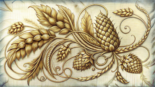 Ornate hops and wheat design in vintage Art Nouveau style with golden tones