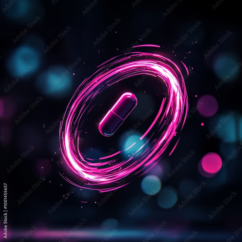 Poster a vibrant glowing pill bounces on a transparent surface, creating an intriguing visual effect