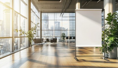 Fototapeta premium White roll-up banner mockup in a modern office with natural light