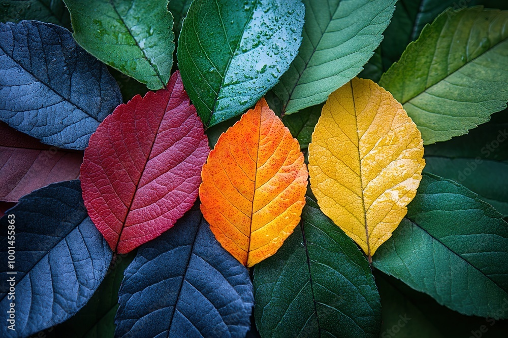 Poster a collection of colorful leaves are arranged in a row