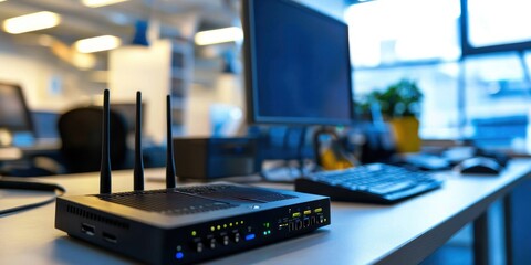 A professional setup of wireless technology in an office environment, including routers and connected devices.