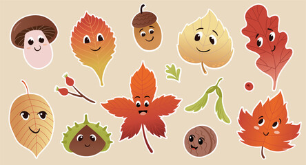 Cute autumn characters. Sticker set. Leaves, mushroom, nuts. Funny anthropomorphic faces. Vector colorful illustration set.