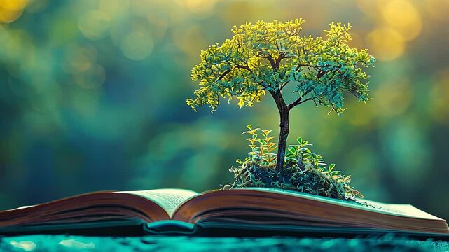 Enchanting miniature tree growing on open book bokeh background