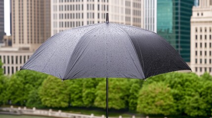A black umbrella on a rainy day with a city backdrop, showcasing droplets collecting on the fabric.