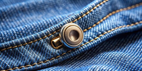 Close-up detailed image of opening fastener on blue jeans with blank space for text