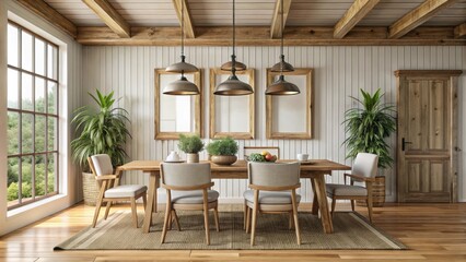 Fototapeta premium Farmhouse dining room interior with frame mockup for realistic renderings