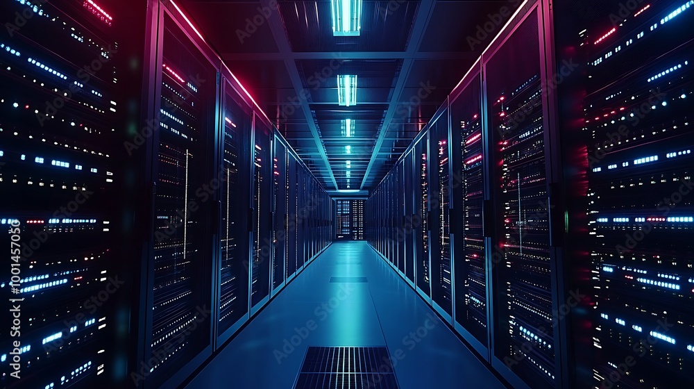 Aufkleber modern data technology center server racks in dark room with vfx. visualization concept of internet 