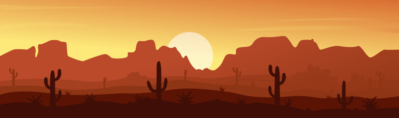 Vector illustration of Mexican, Texas, or Arizona desert nature at sunset. Cactus plants, mountain canyon silhouettes, dunes, and dry plants. Reflects the calmness beauty of arid wilderness at dusk © Flash Vector