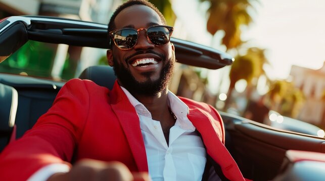 Stylish man in a red blazer enjoying a sunny day in a convertible, smiling, and wearing sunglasses.
