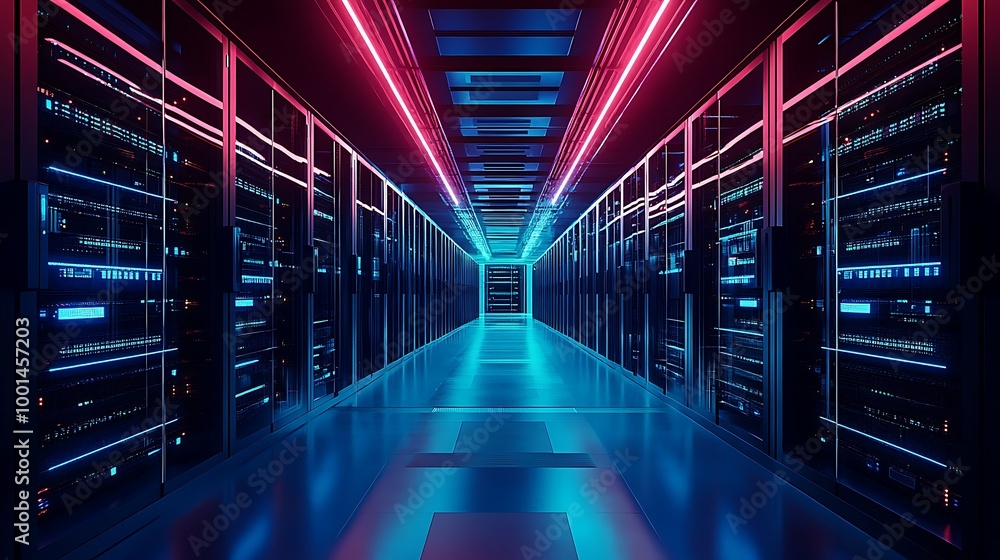 Poster modern data technology center server racks in dark room with vfx. visualization concept of internet 