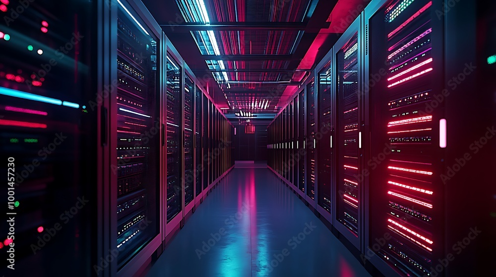 Aufkleber modern data technology center server racks in dark room with vfx. visualization concept of internet 