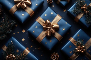 A blue box with gold ribbons and stars on it