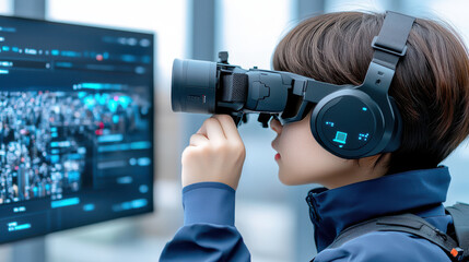 Woman Using VR Headset for Data Analysis and Visualization