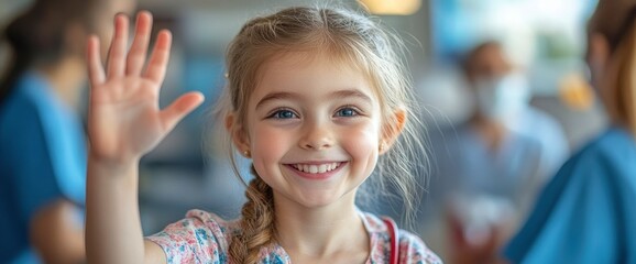 Fototapeta premium Happy Little Girl Waving Hello in a Healthcare Setting