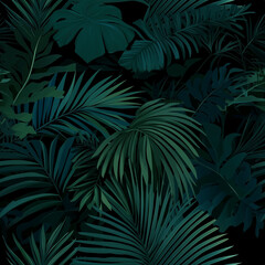 Seamless Green Palm Leaves Pattern Background with Nature-Inspired Design, Suitable for printing fabric patterns, wallpapers or web backgrounds.