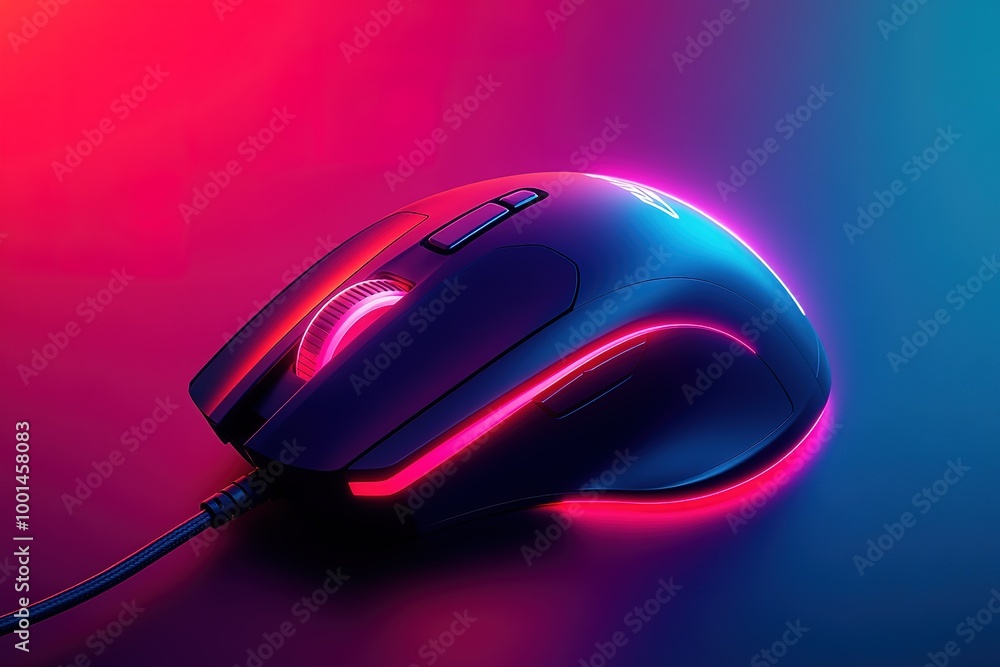 Poster a black and red computer mouse with glowing lights