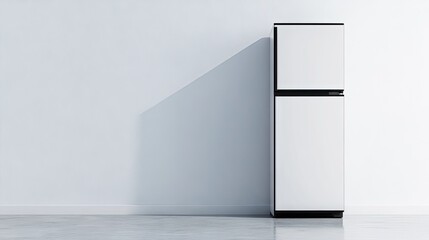 Modern white refrigerator with a contrasting black frame, situated against a pristine white wall. Clean, sleek, and contemporary home design.