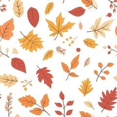 A seamless autumn leaves pattern with vibrant maple and oak leaves in shades of yellow orange and red showcasing the colors of fall. Suitable for printing on bed sheets, curtains, graphic backgrounds 