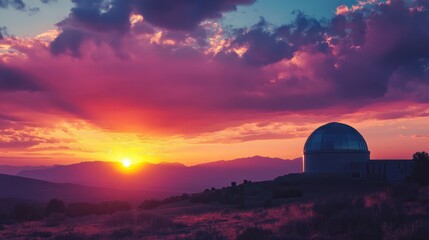 Obraz premium A beautiful sunset behind an observatory, with telescopes silhouetted against the colorful sky and distant mountains