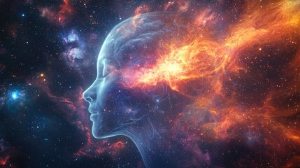 A spark of divine energy fills the incorporeal soul of a human being, set against a cosmic background. The soul is ethereal and translucent, shaped like