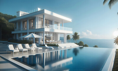 Fototapeta premium Weiße, luxoriöse Villa am Meer mit blauem Wasser, Liegestühlen, Sonnenschirm und einemm Pool, copy space