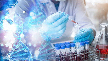 lab technician assistant analyzing a blood sample in test tube to research DNA at laboratory with microscope. Medical, pharmaceutical and scientific research and development concept.	