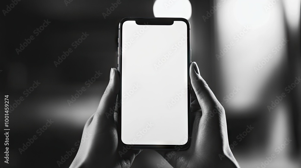 Poster monochrome image of hands holding a smartphone with an empty screen, providing a clear space for moc