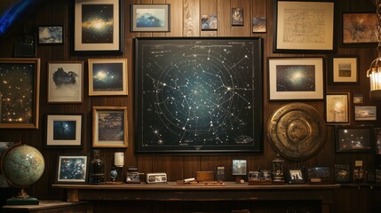 Fototapeta premium A captivating shot of an old star chart hanging on a wall, surrounded by framed photographs of celestial events