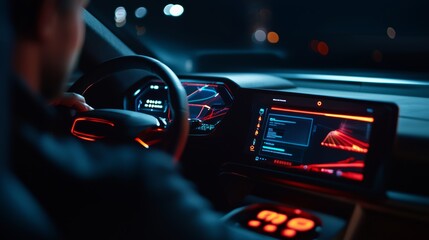 Close-up of a person driving a modern car at night with illuminated dashboard displays, showcasing advanced technology features.