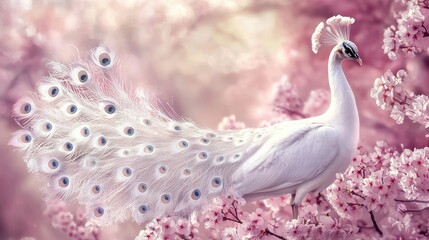 A white peacock with gorgeous tail feathers stands in front of pink cherry blossoms. The background is blurred, in a photo-realistic style. The scenery  © Veayo