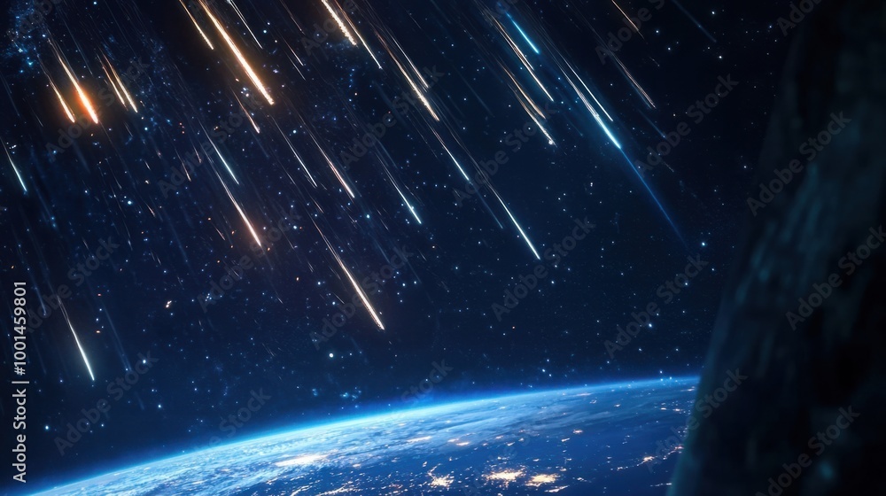 Wall mural a close-up of a meteor shower illuminating the dark sky, with multiple meteors entering earth's atmo