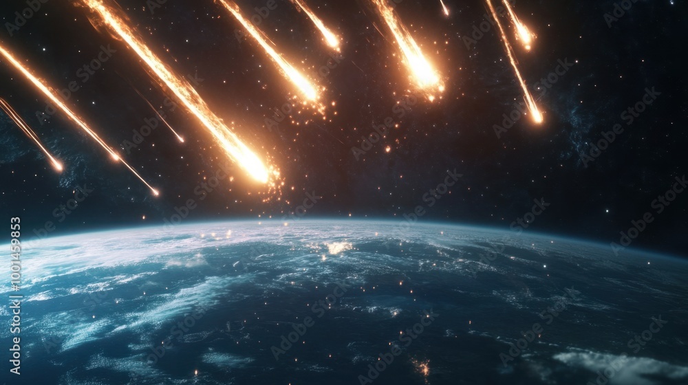Wall mural a close-up of a meteor shower illuminating the dark sky, with multiple meteors entering earth's atmo
