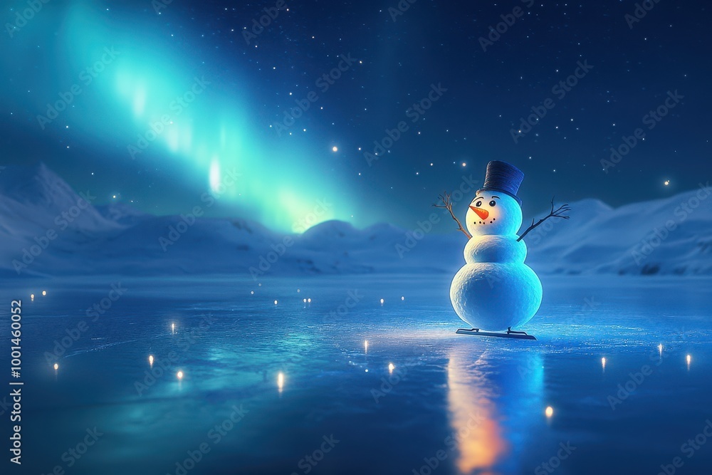 Poster a snowman is standing on a frozen lake with a glowing aurora in the background