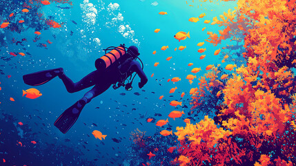 Diving into vibrant coral reefs, scuba diver explores underwater world filled with colorful fish and stunning marine life. scene captures beauty and tranquility of ocean exploration