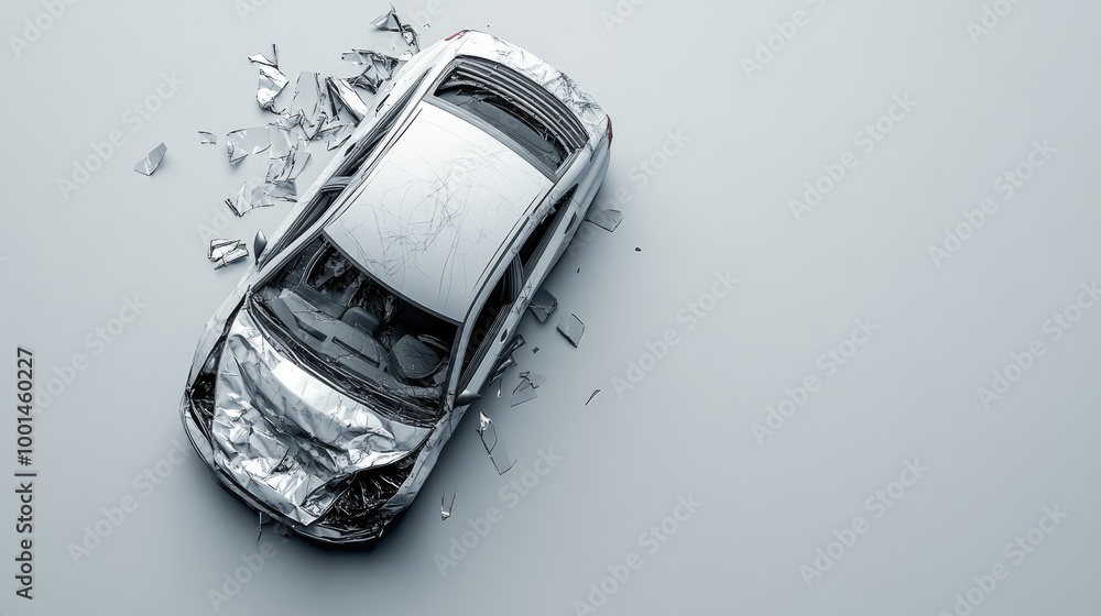 Poster overhead view of a car with a smashed roof and deployed airbags, isolated on a plain background. a c