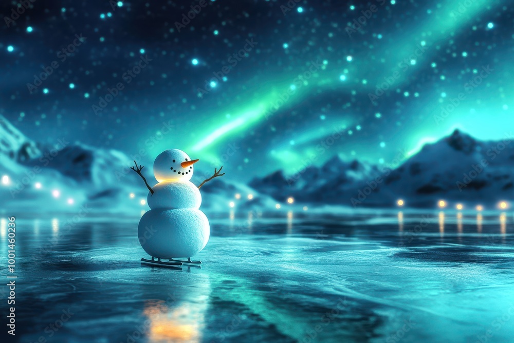 Poster a snowman is standing on a frozen lake with a glowing aurora in the background