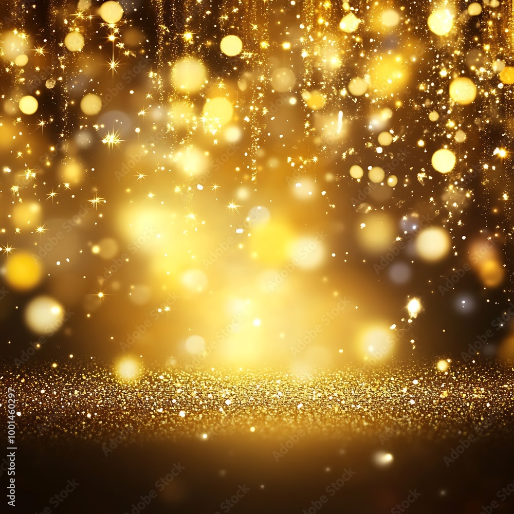 Poster a golden background with sparkling stars and glitter, creating an elegant atmosphere for new year's 