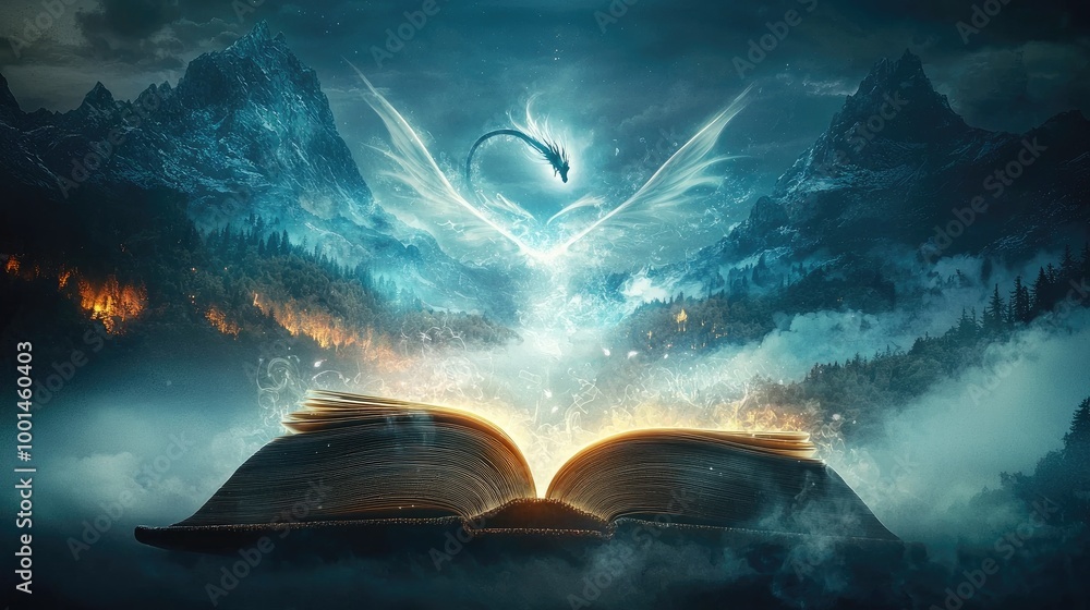 Wall mural an open book with magical swirls emanating from it, surrounded by mountains and forests, silhouette 
