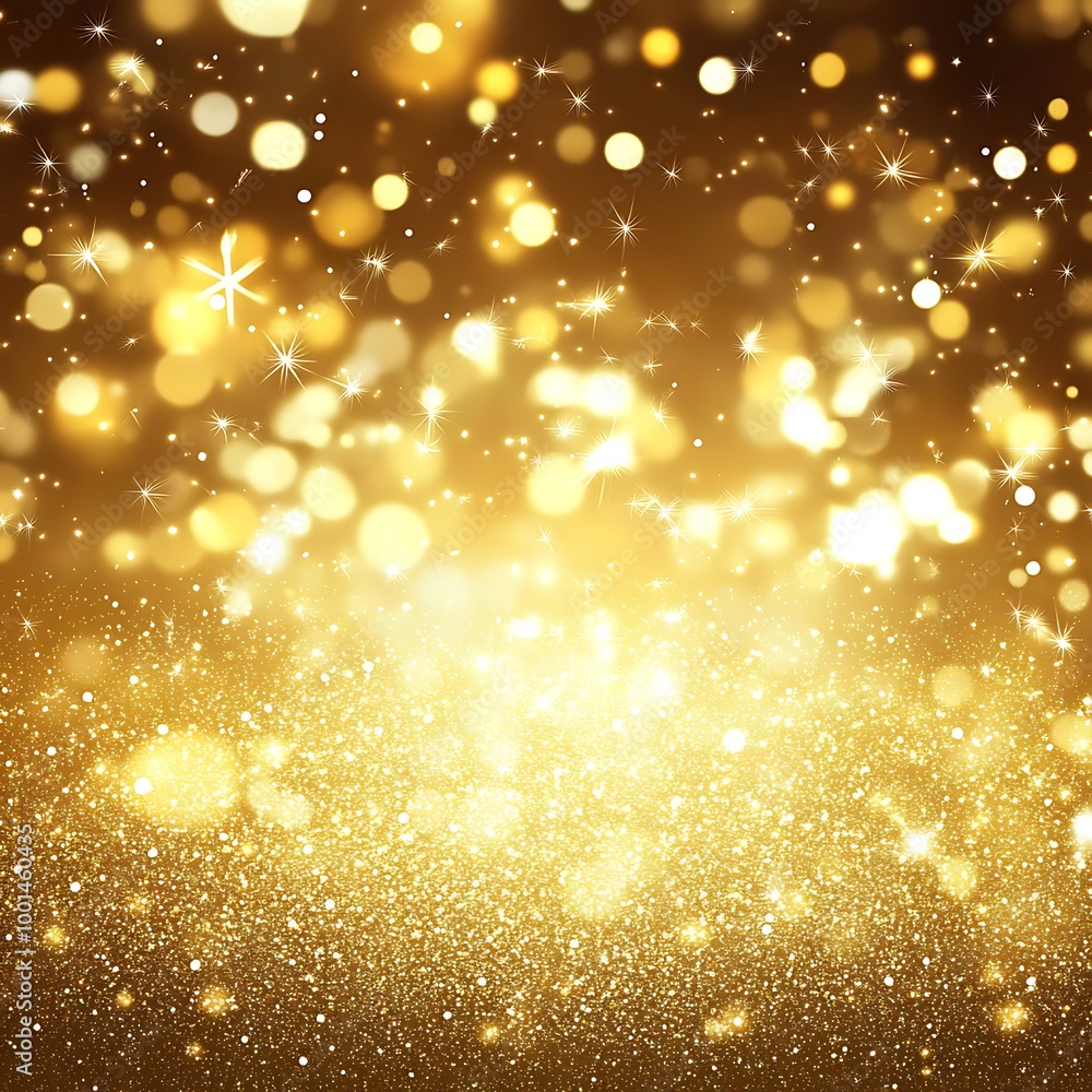 Poster a golden background with sparkling stars and glitter, creating an elegant atmosphere for new year's 