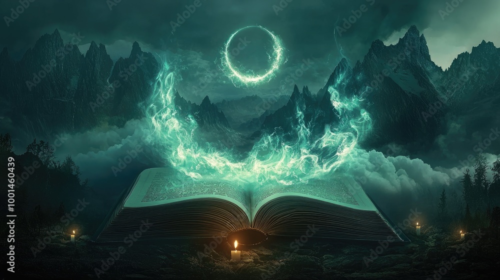 Wall mural an open book with magical swirls emanating from it, surrounded by mountains and forests, silhouette 