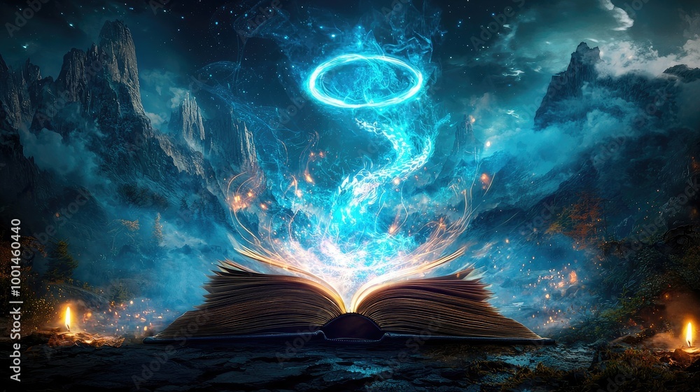 Wall mural an open book with magical swirls emanating from it, surrounded by mountains and forests, silhouette 