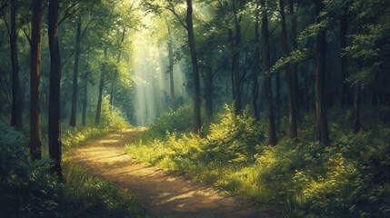 Naklejka premium Painting of a dense forest with a winding path, sunlight filtering through the trees. Perfect for nature-inspired wallpaper or wall pictures.