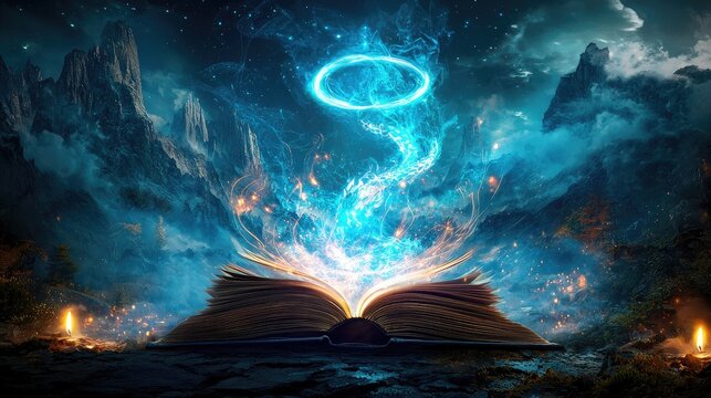 An open book with magical swirls emanating from it, surrounded by mountains and forests, silhouette of a dragon seen above the clouds with an empty