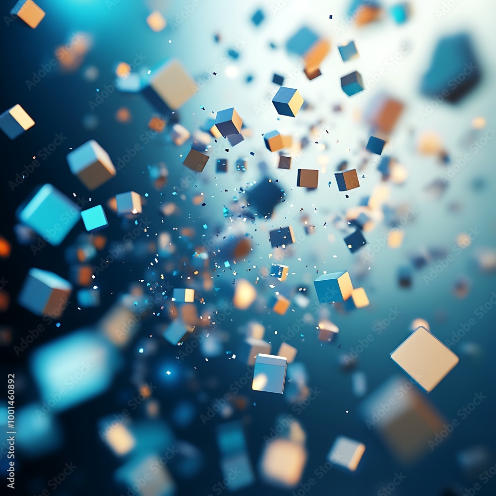Fototapete Abstract 3d rendering of chaotic cubes. Flying shapes in empty space. Dynamic background with bokeh, depth of field effect. Design for poster, banner