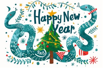 Fototapeta premium A colorful drawing of a Christmas tree with a snake wrapped around it