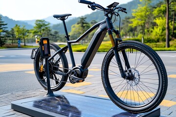 Fototapeta premium Electric bicycle charging at a solar-powered station, with a scenic park in the background, showing sustainable urban transportation