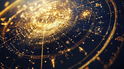 A close-up of a star chart featuring the zodiac constellations, surrounded by astrological symbols and notes