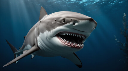 Naklejka premium White shark swiming under the ocean deep.