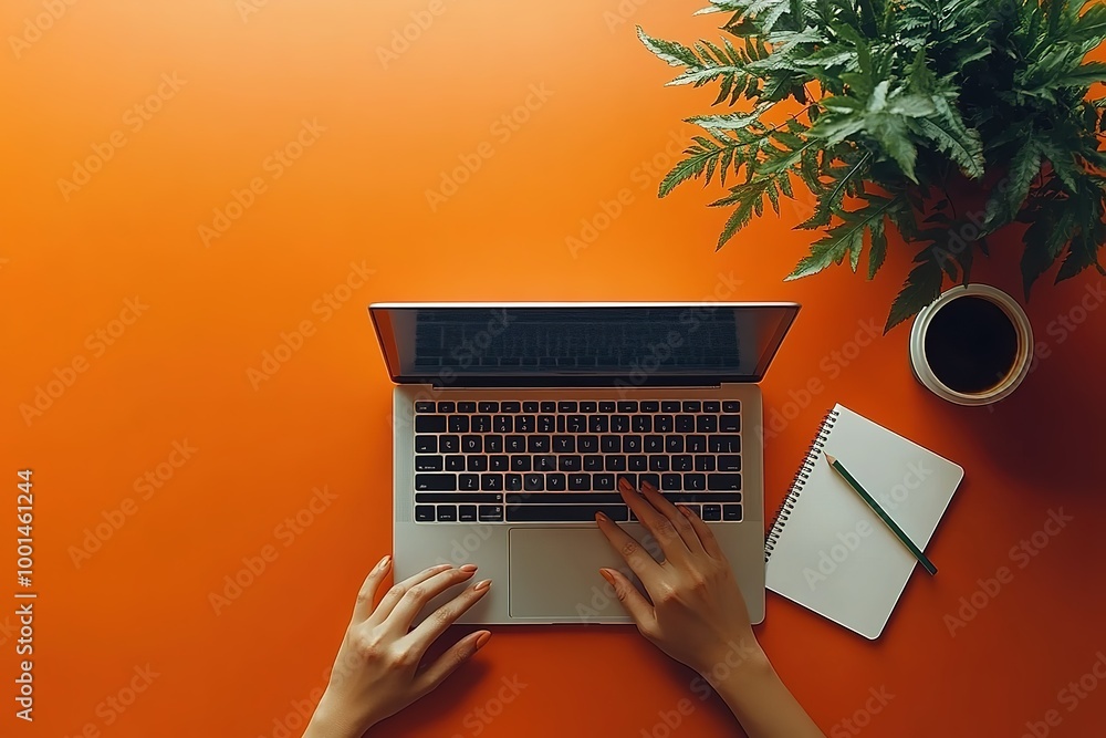 Poster a person is typing on a laptop with a notebook and a plant on the table